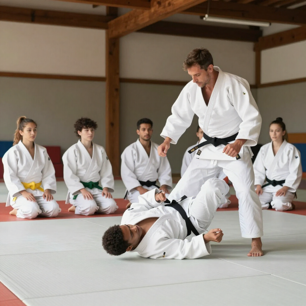Judo class: instructor demonstrates a hold while students kneel and watch in a dojo