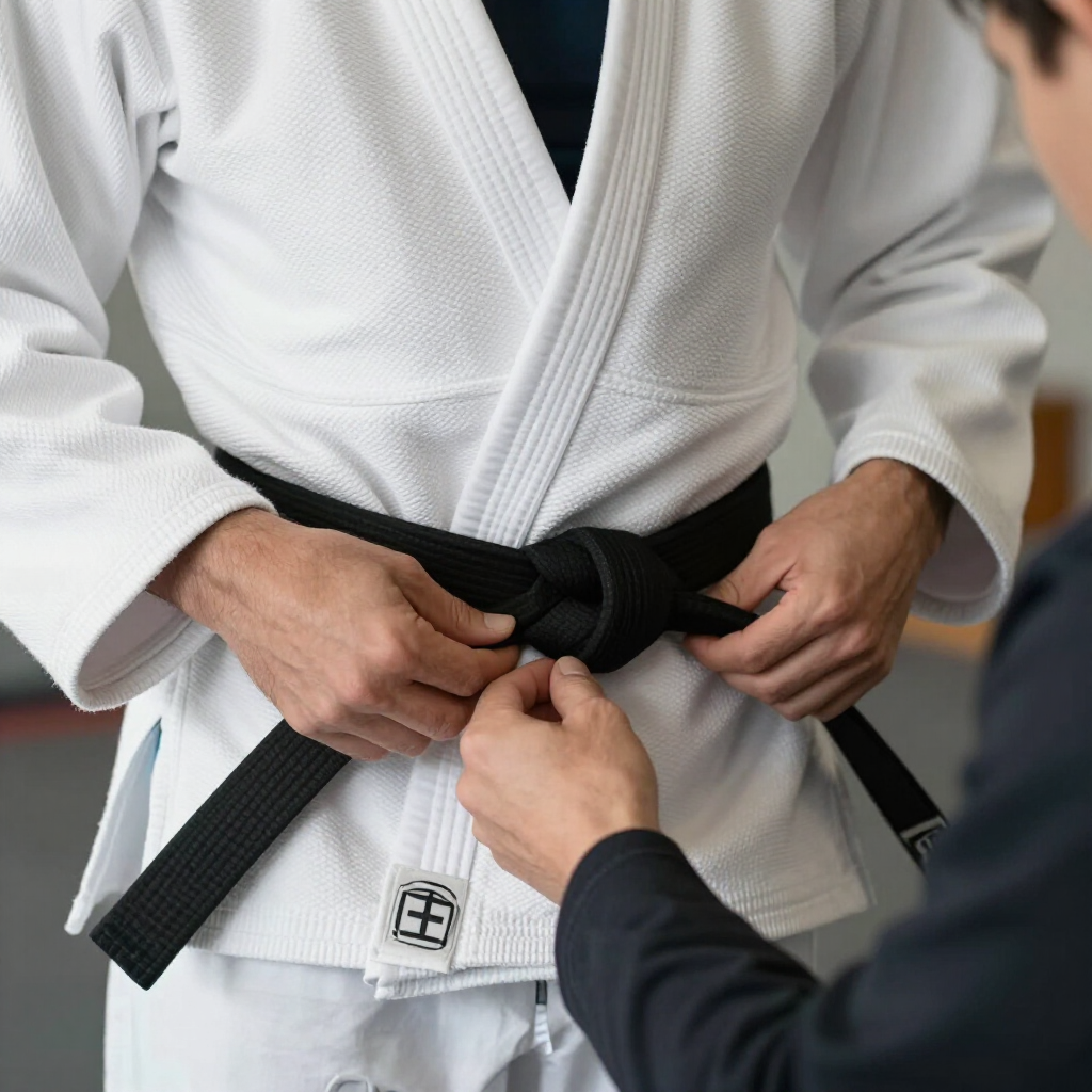 Hands tying a black belt on a white martial arts uniform.