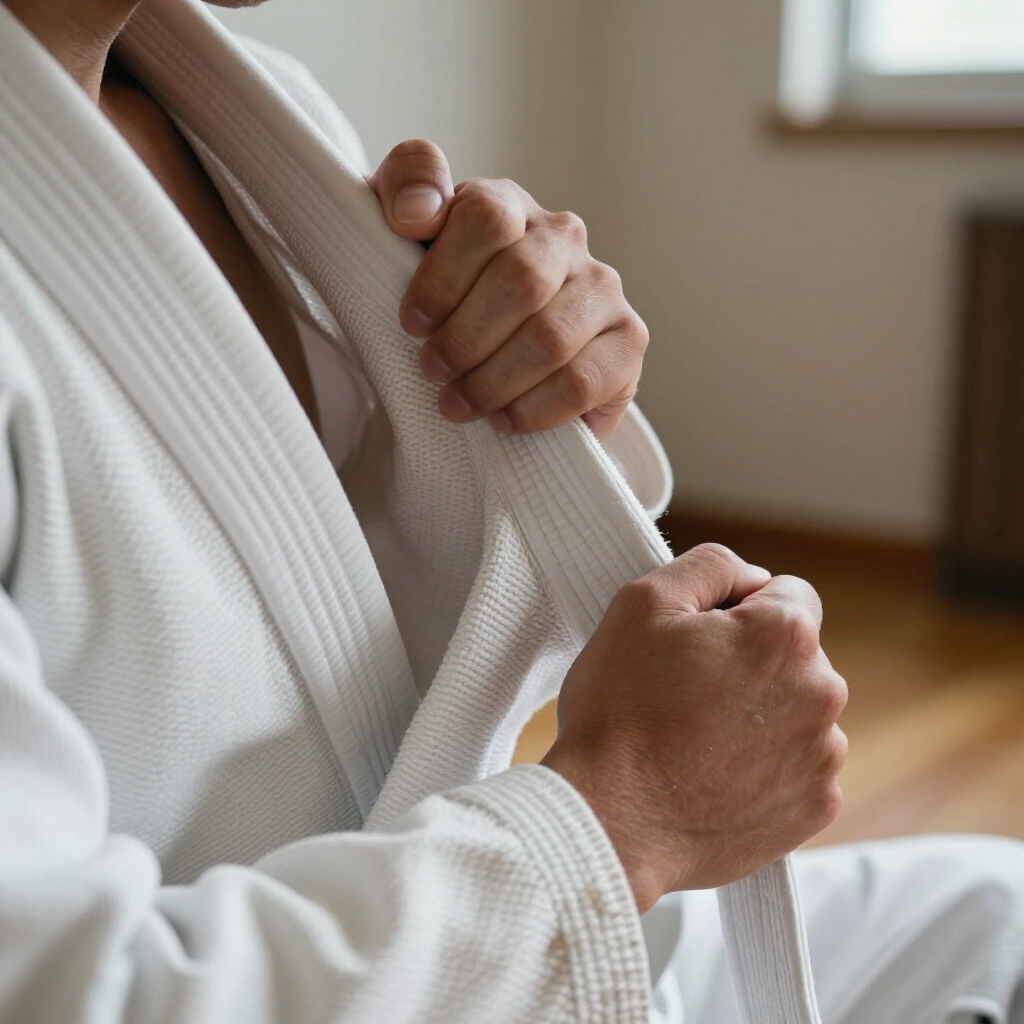 Hands adjusting a white robe in a softly lit room