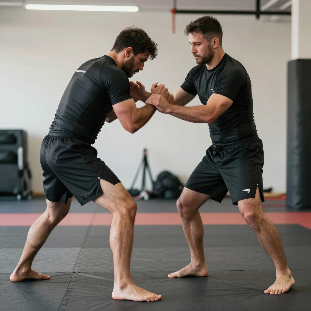 Two men practicing martial arts drills barefoot in a gym, facing each other in a defensive stance.