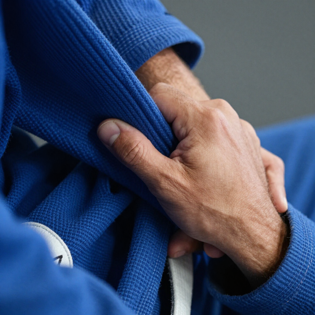 Close-up of hands gripping a blue judo gi during training