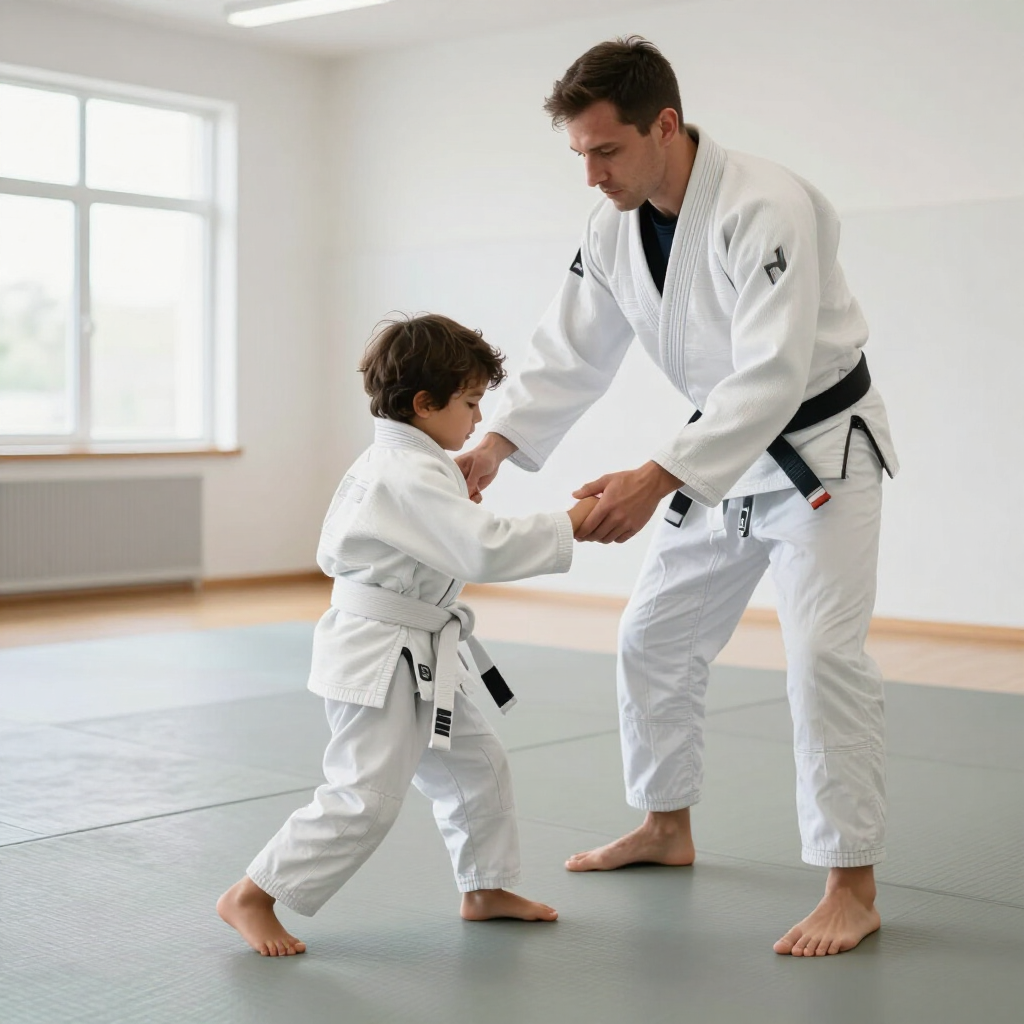 Two people in white judo uniforms practicing a grip on a mat in a bright dojo.