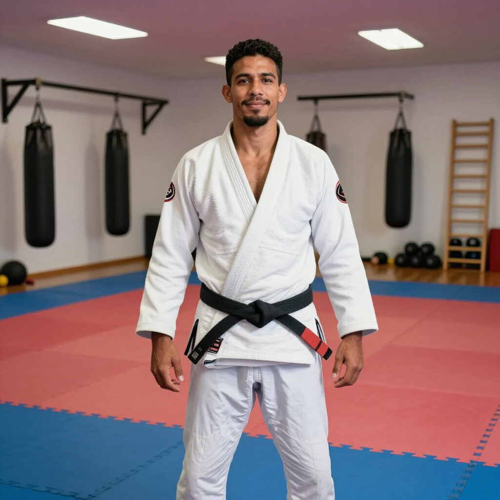 Martial artist in a white gi with black belt standing on red and blue mats in a dojo