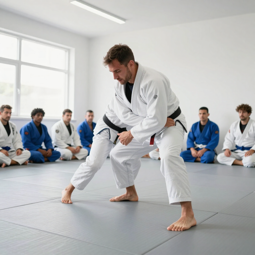 Judo instructor demonstrating a grappling move on a mat, with students seated in gis around him