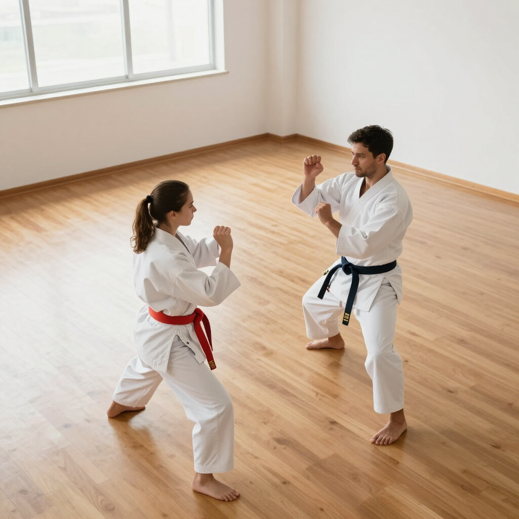 Two karate students in white uniforms sparring in a bright dojo