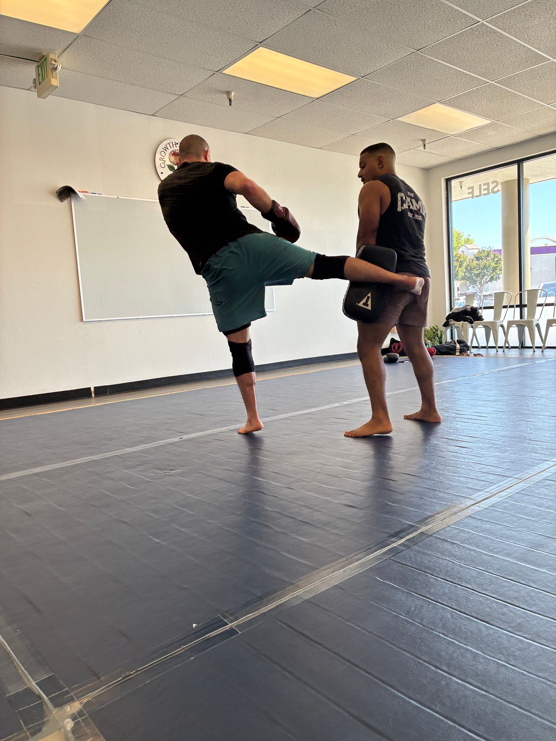 Two people practicing a martial arts kick in a gym studio