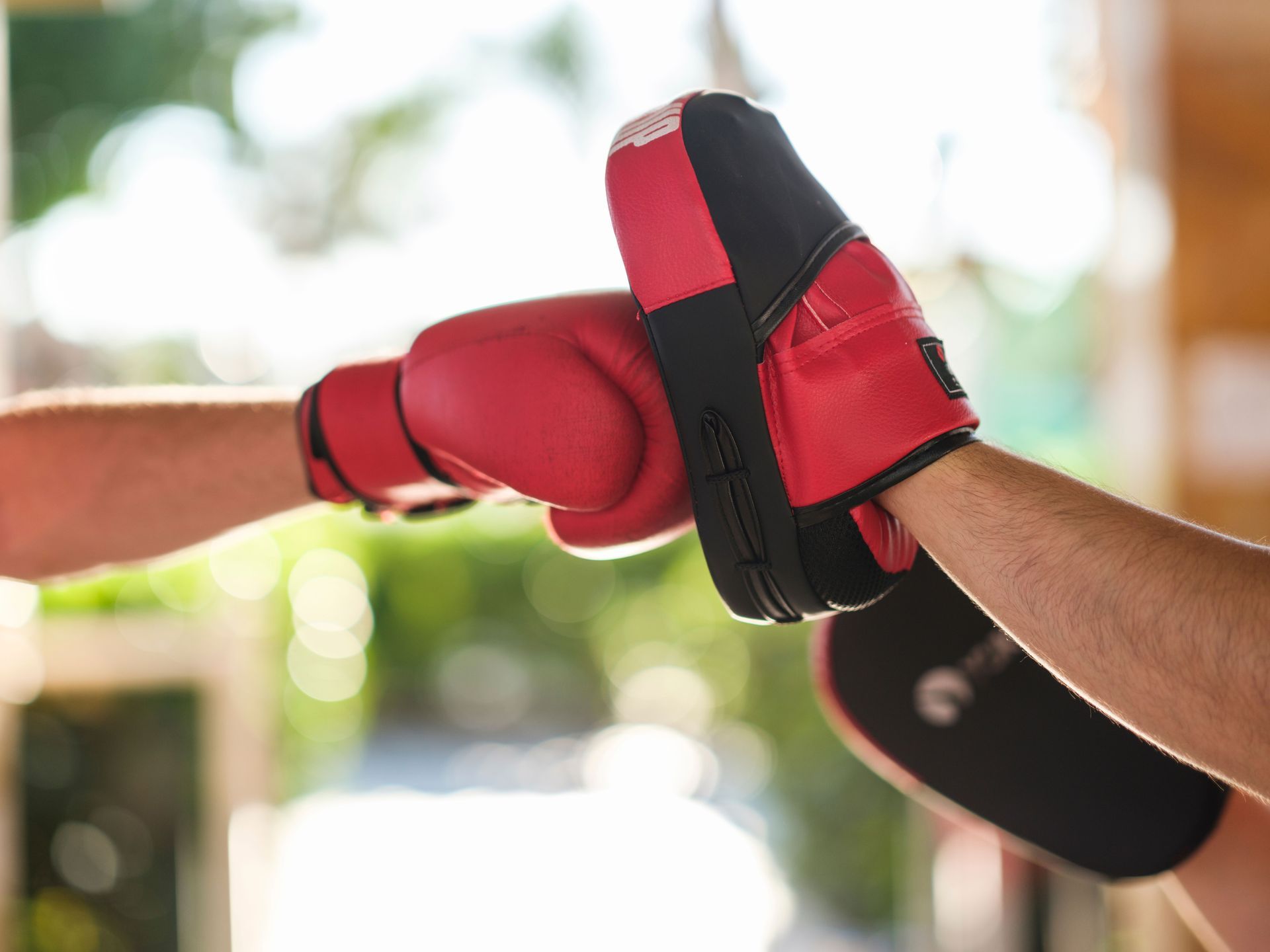 Two gloved hands touching in a boxing-style fist bump, red and black gear, blurred indoor background