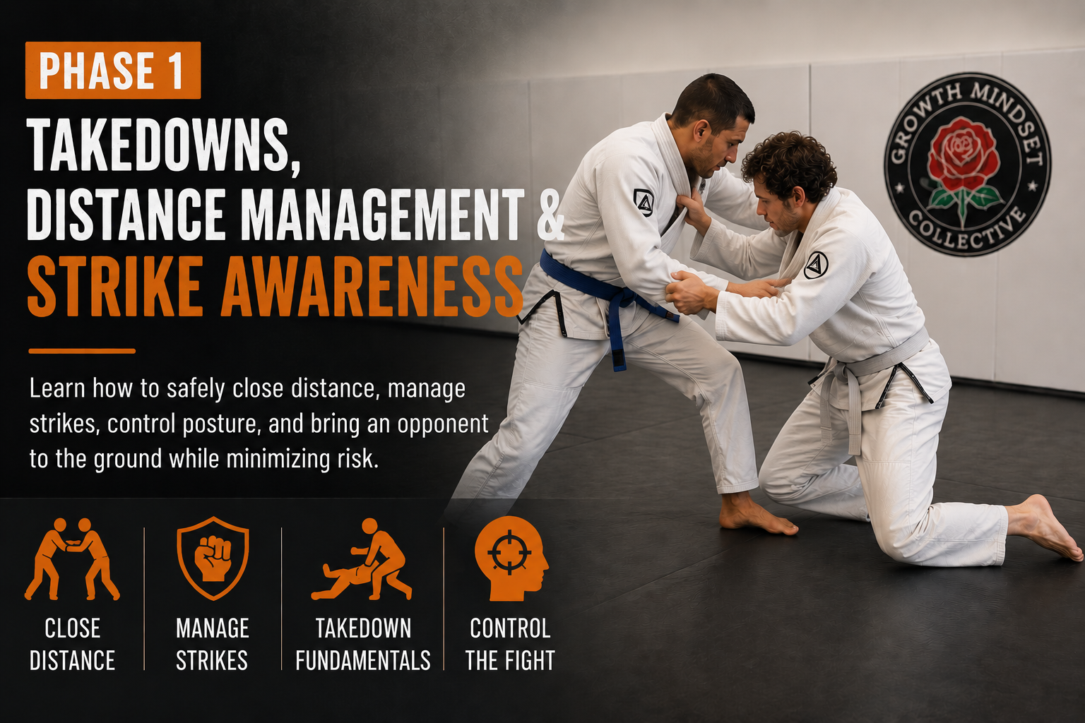 Martial arts training poster showing two grapplers on a mat with text about takedowns.