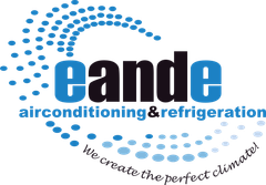 Eande airconditioning & refrigeration logo with blue dotted swirl and tagline &ldquo;We create the perfect climate&rdquo;