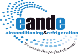 Eande airconditioning & refrigeration logo with blue dotted swirl and tagline &ldquo;We create the perfect climate&rdquo;