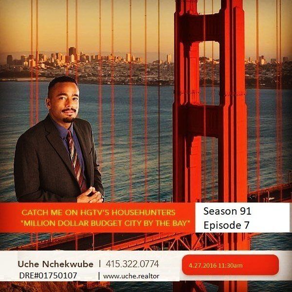 GG bridge, SF city and bay water torso of Uche  in ad for 2016 airing of Uche's Househunters episode