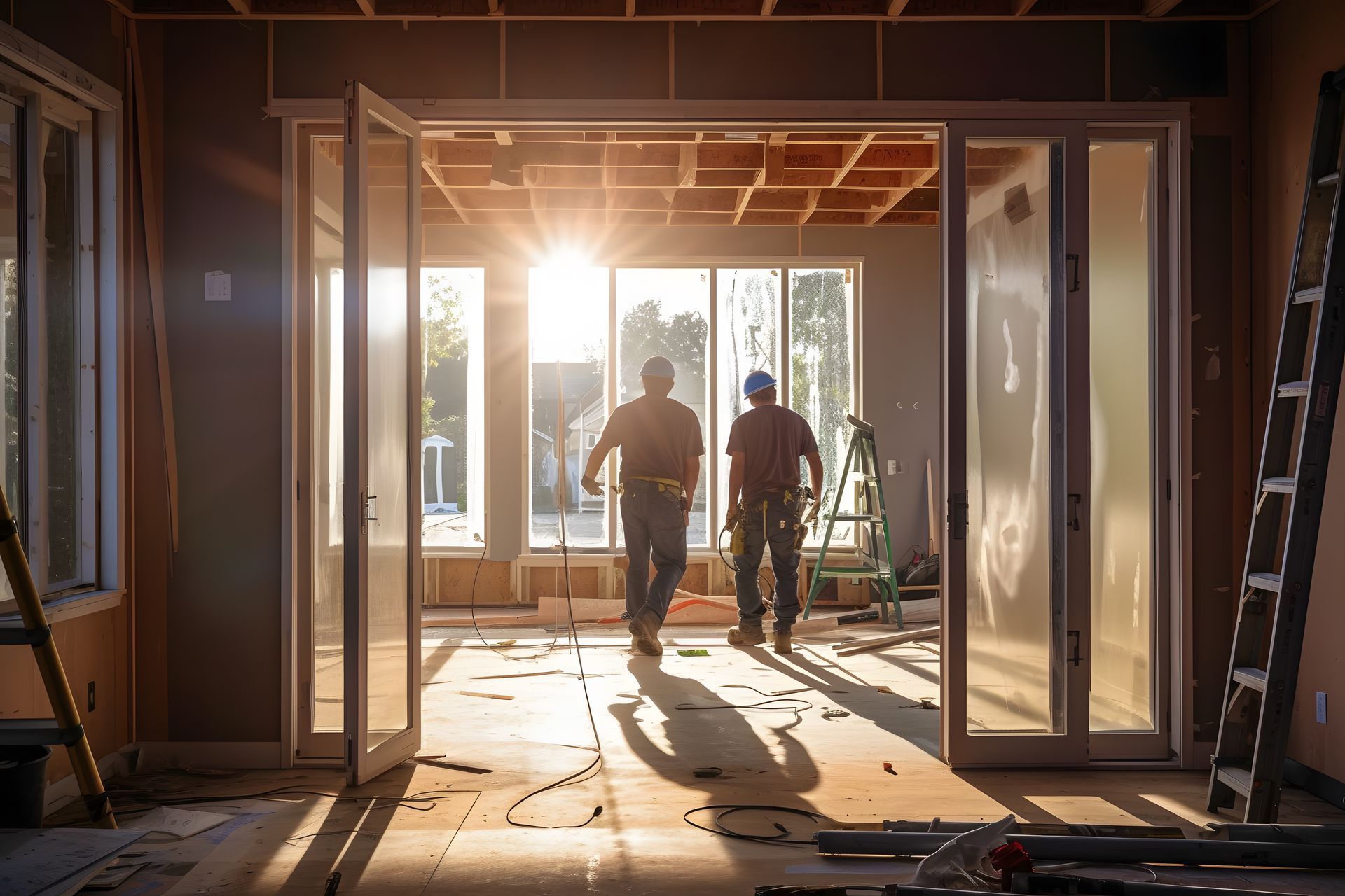 Deux ouvriers du bâtiment traversent une porte vers une fenêtre lumineuse ; rénovation intérieure.