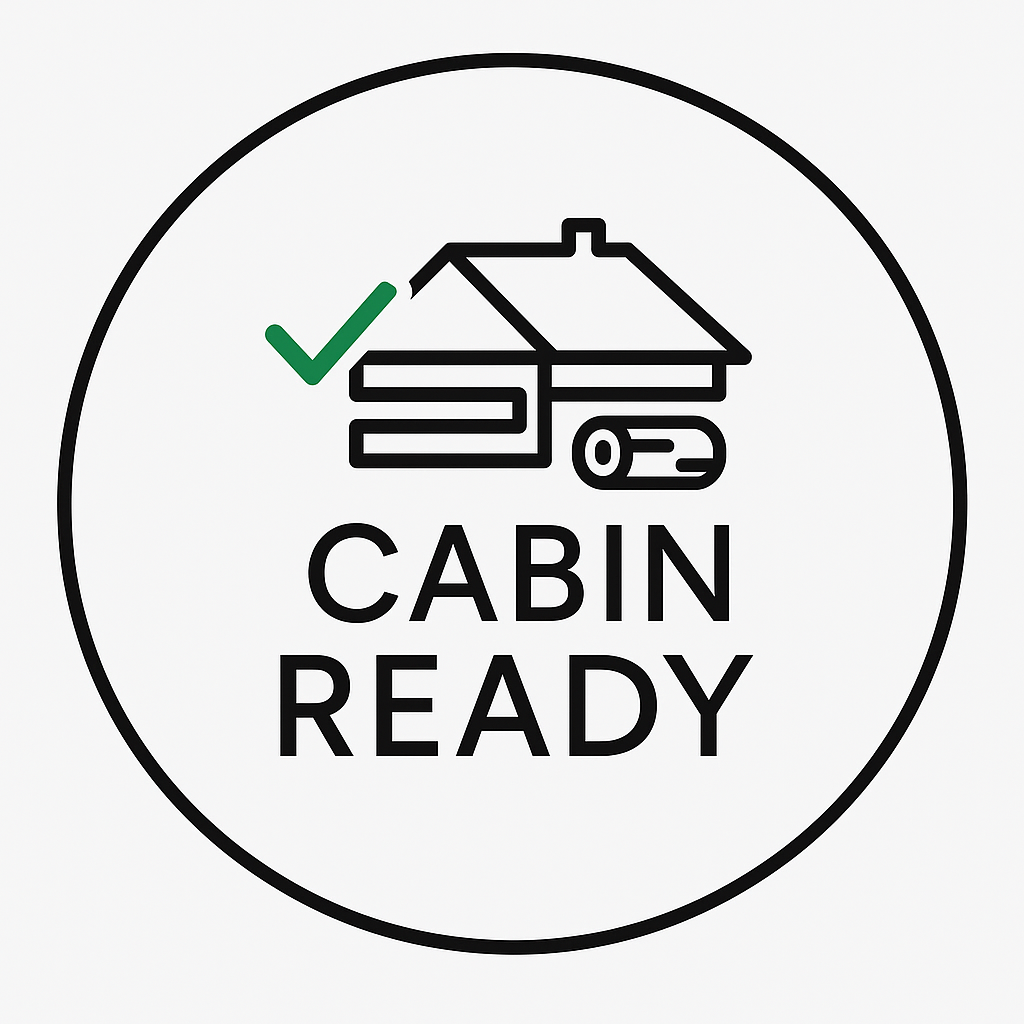 Cabin Ready icon: House with checkmark, wood log, and text