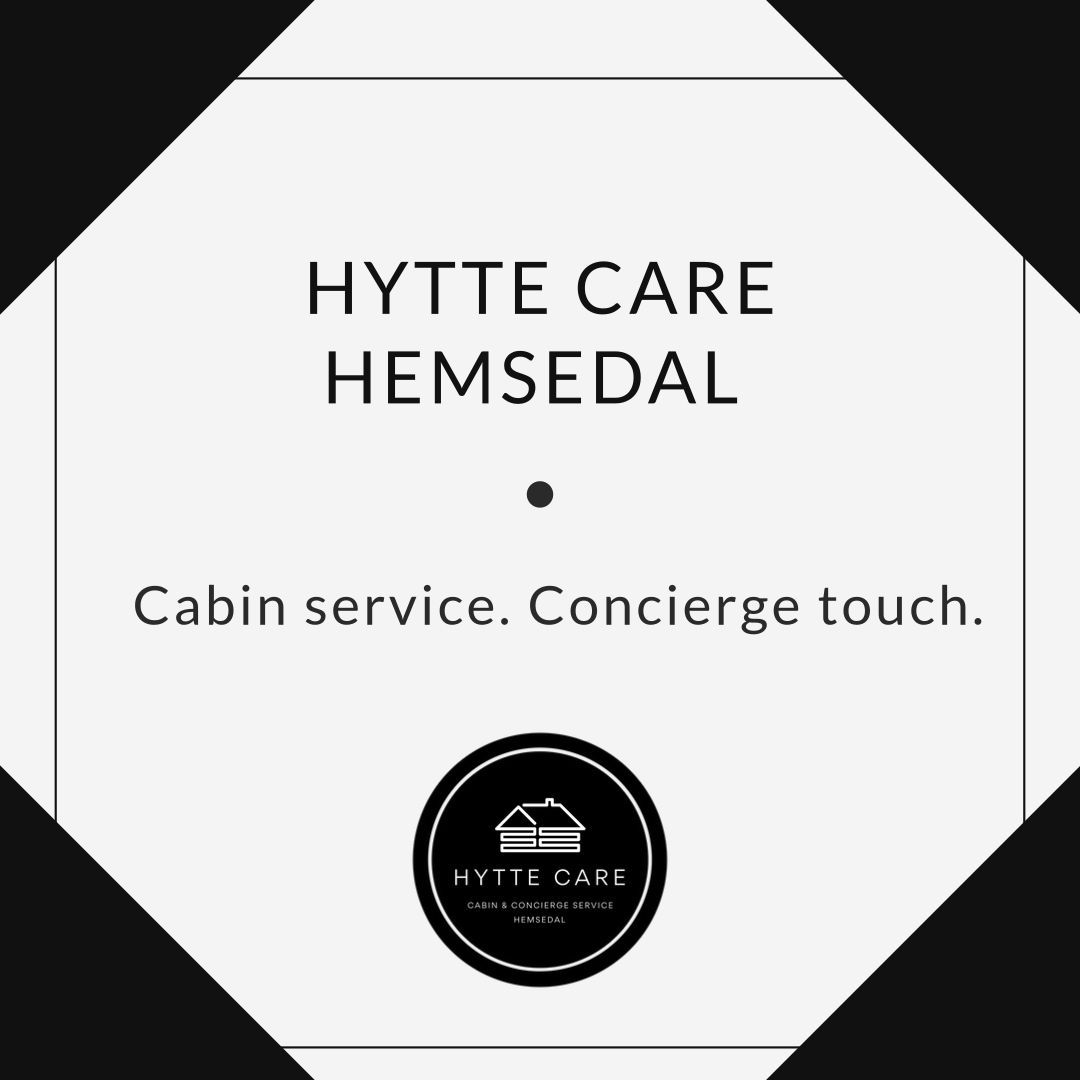 Black and white graphic for Hyttte Care Hemsedal: Cabin service, concierge touch. Logo in a circle.
