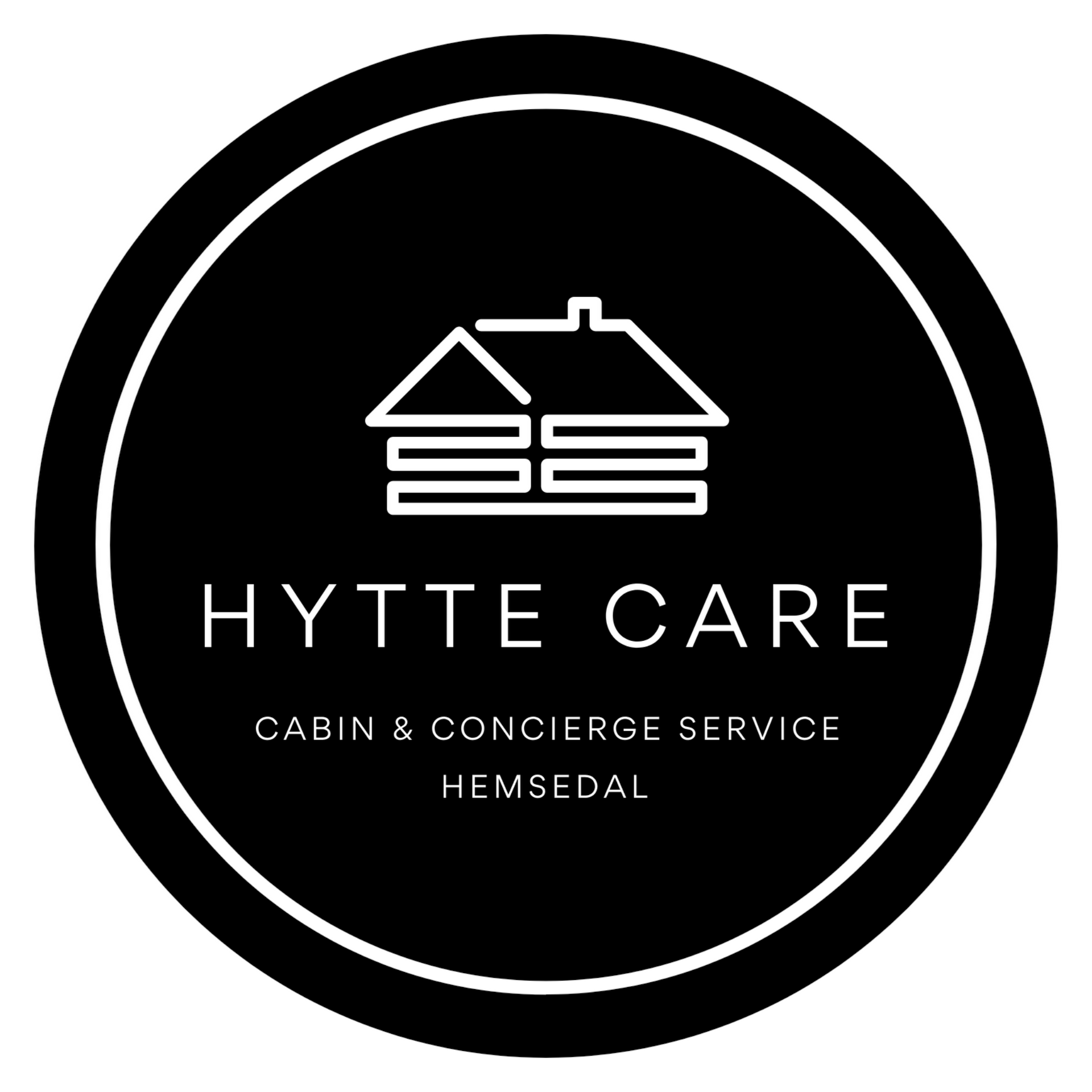 Black circular logo with a cabin icon,