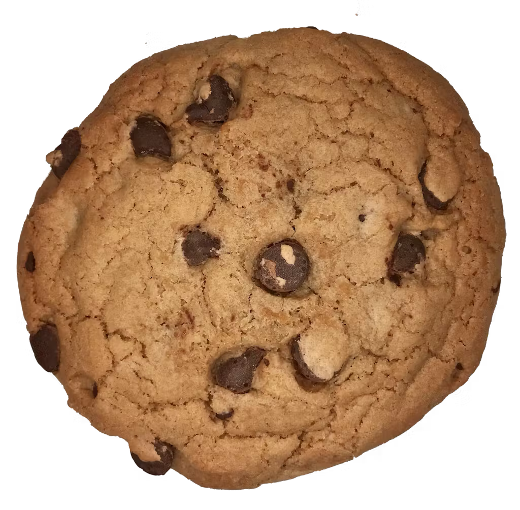 A close up of a chocolate chip cookie on a white background