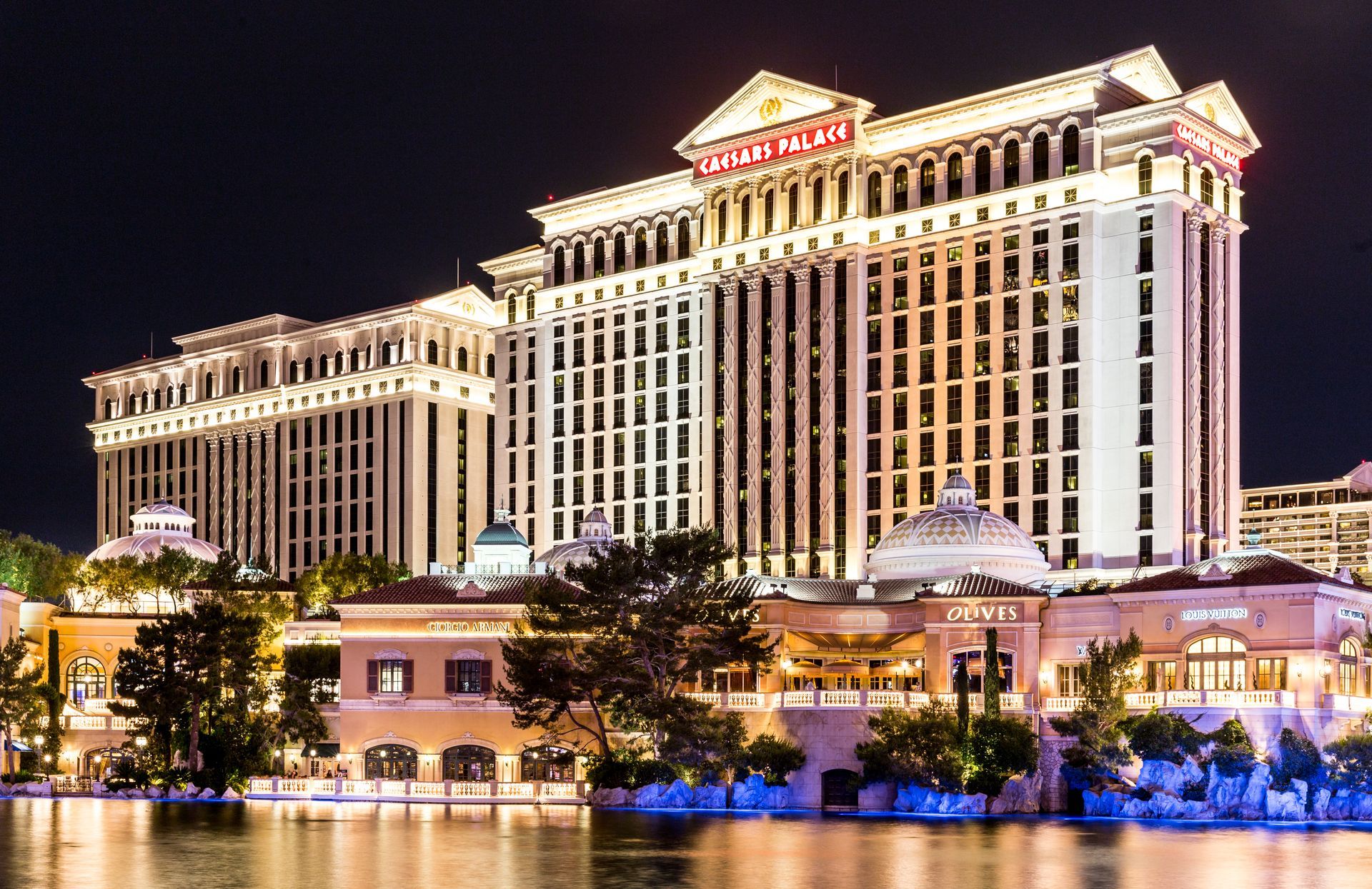 Night view of Caesar's Palace Hotel and Casino in Las Vegas, Nevada.