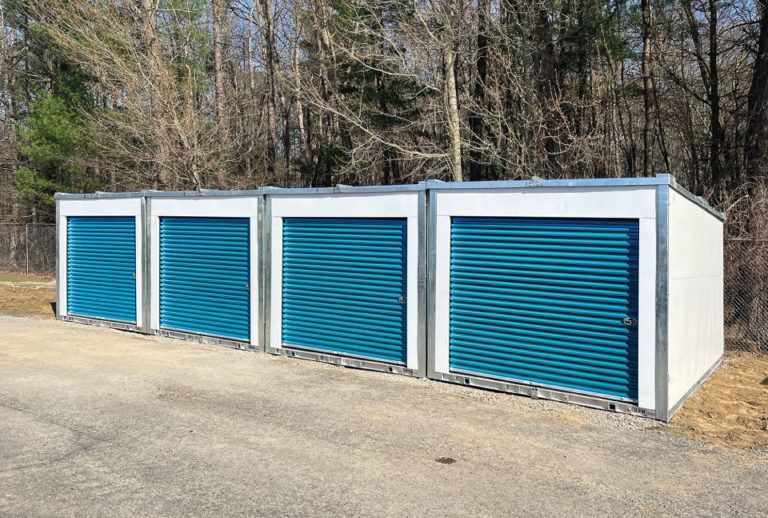 a row of storage units with blue doors are lined up in a parking lot .