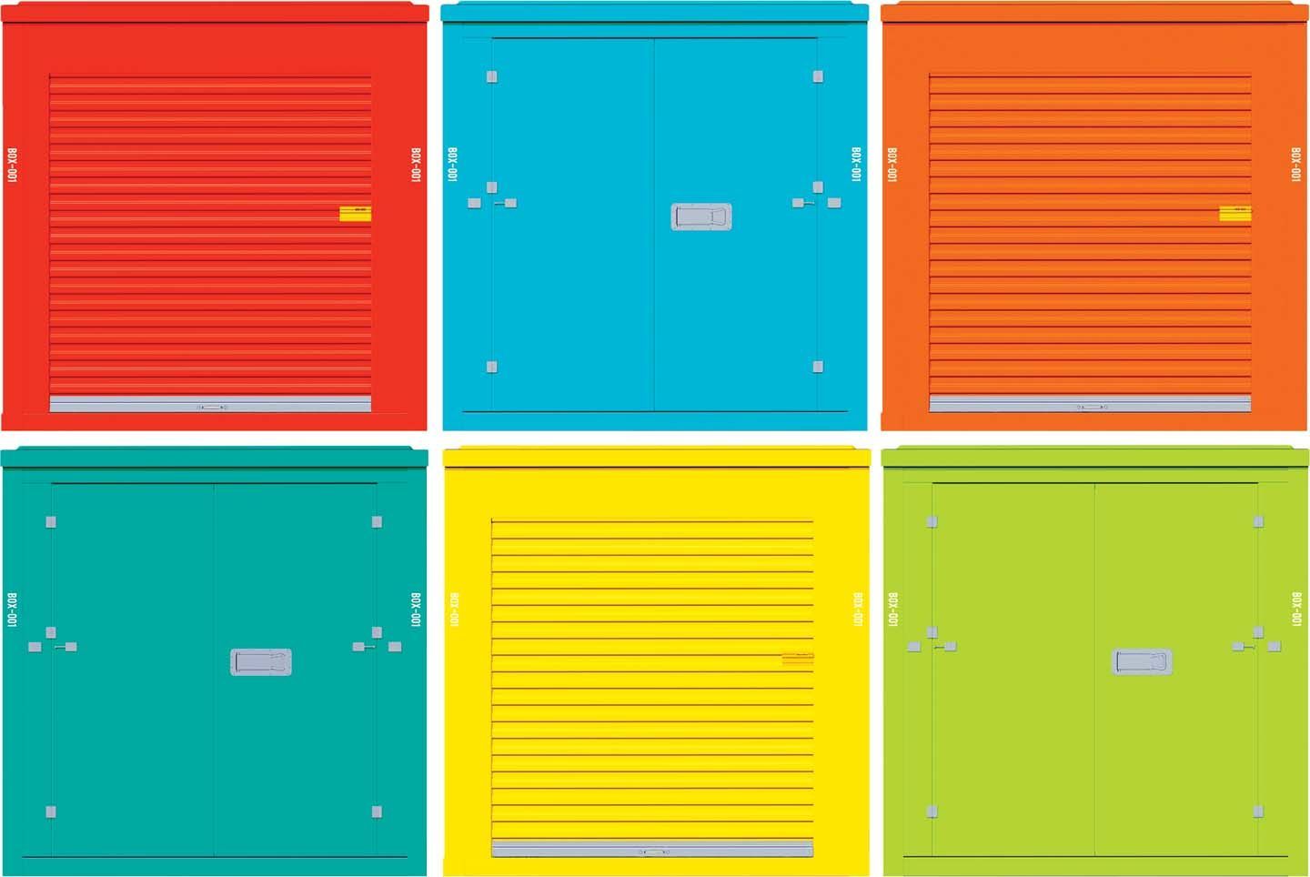 a set of six colorful doors with shutters on them