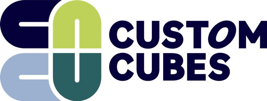 a blue and green logo for go custom cubes