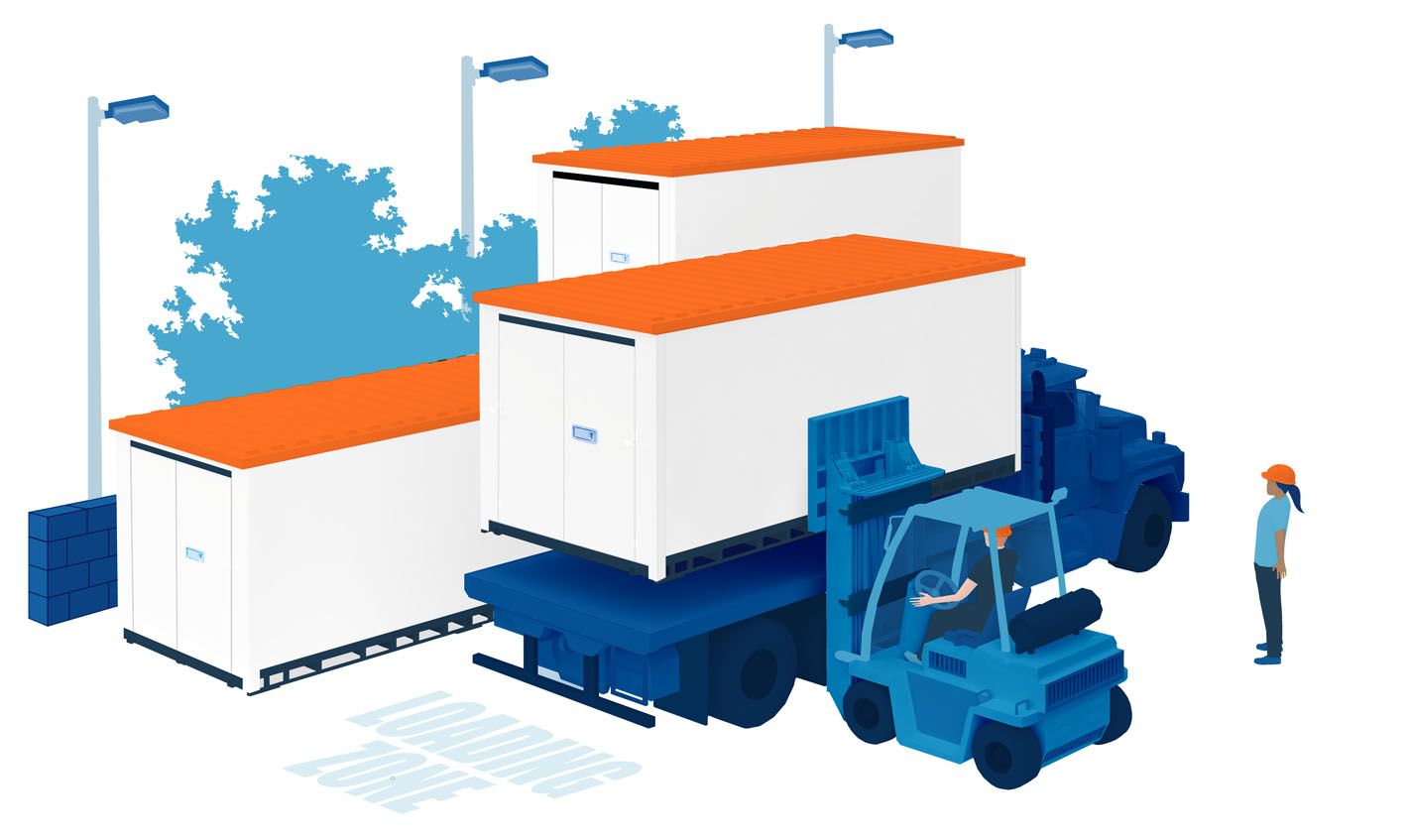 an illustration of a loading zone with containers and a forklift