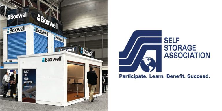a picture of a boxwell booth next to the self storage association logo