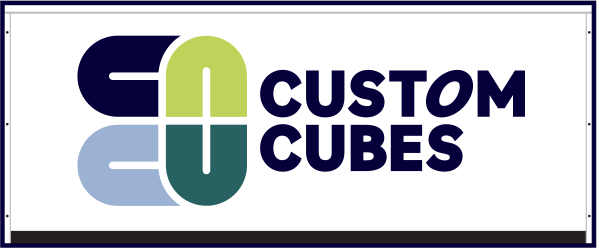 a logo for custom cubes is shown on a white background