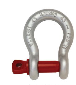 Grillete de plata con pasador rojo, utilizado para levantar, etiquetado Crosby.