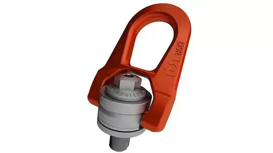 Anillo de elevación de color naranja y plata, utilizado para elevación, con articulación giratoria.