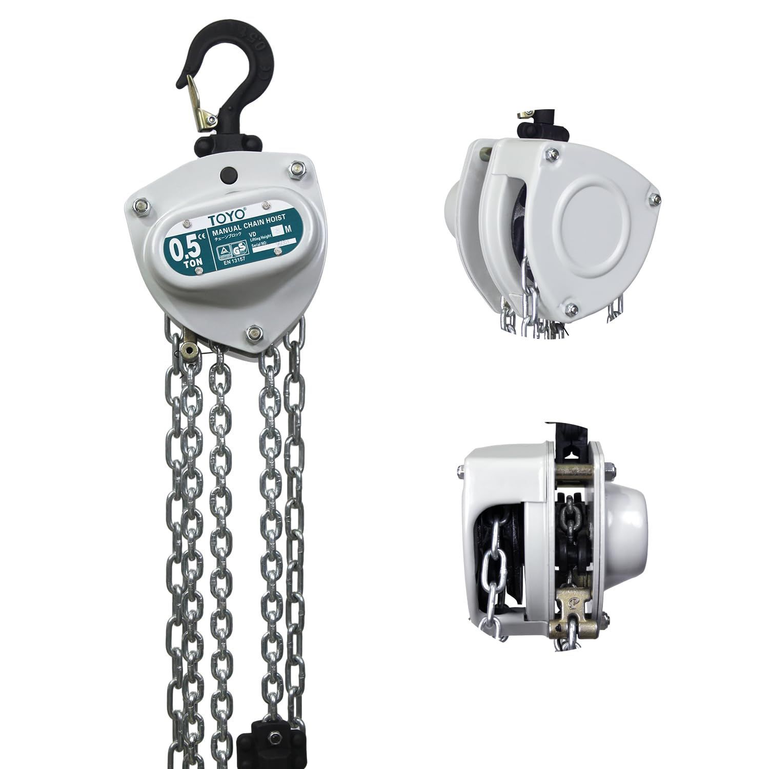 Un polipasto de cadena con cuerpo blanco, gancho negro y varias cadenas colgantes.