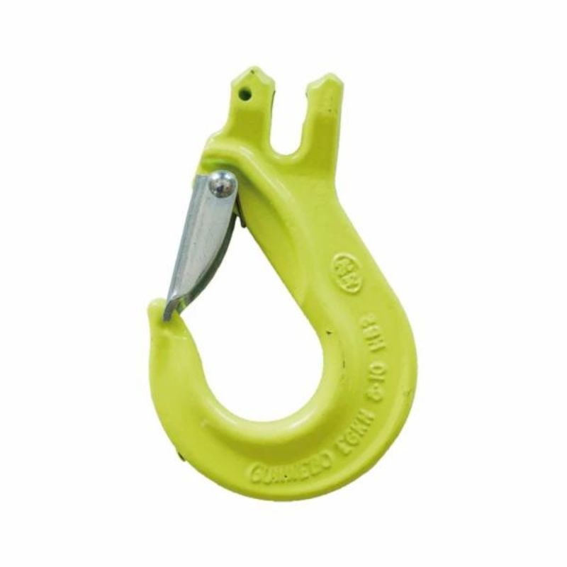 Gancho de elevación amarillo con pestillo de seguridad.