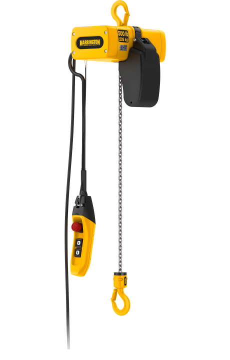 Polipasto eléctrico de cadena de color amarillo con mando de color negro y gancho para colgar.