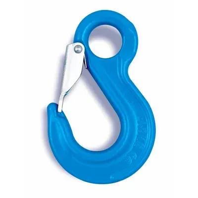 Gancho de elevación azul con pestillo de seguridad.