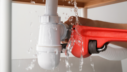 Person using a red wrench to tighten a leaky white sink pipe, water spraying.