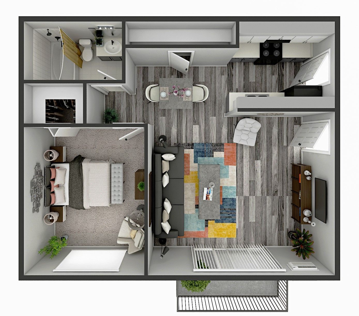 Floor plan of a modern apartment with living room, kitchen, bedroom, and bathroom.