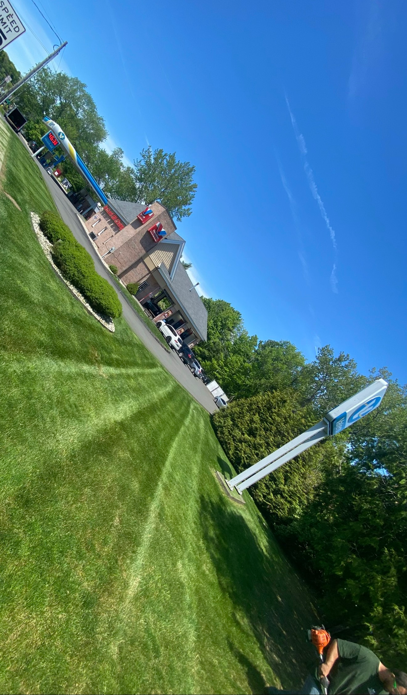 Sunny park with green lawn, trees, a walkway, and a person near a white pole under a blue sky