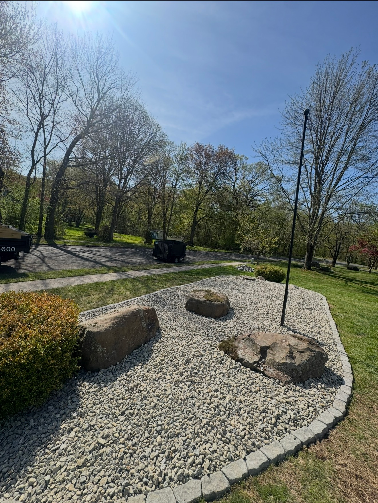 Curved gravel path with rocks and a young tree in a sunny park, surrounded by trees and greenery