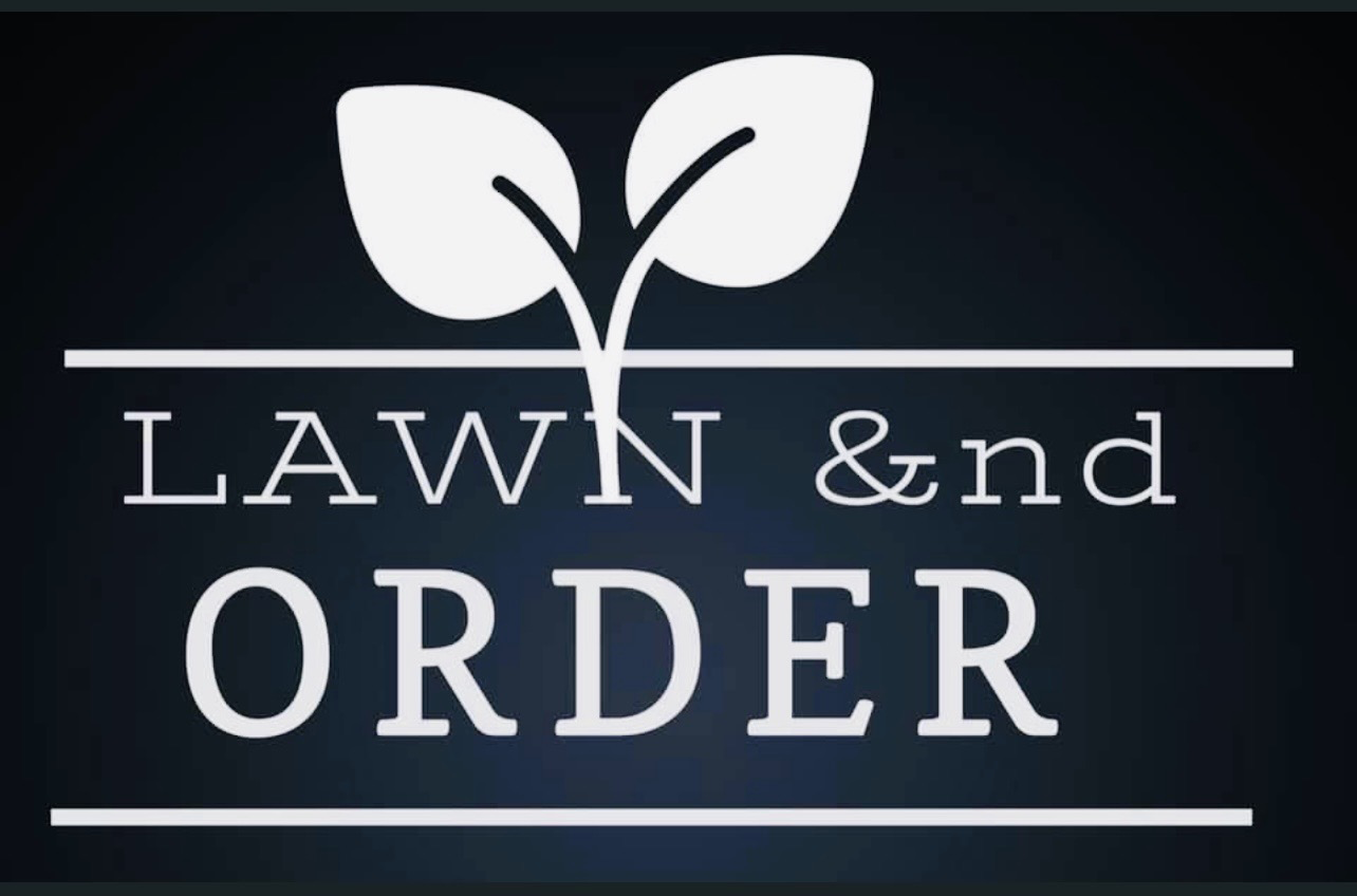 White plant logo and text &ldquo;LAWN & ORDER&rdquo; on a dark background.
