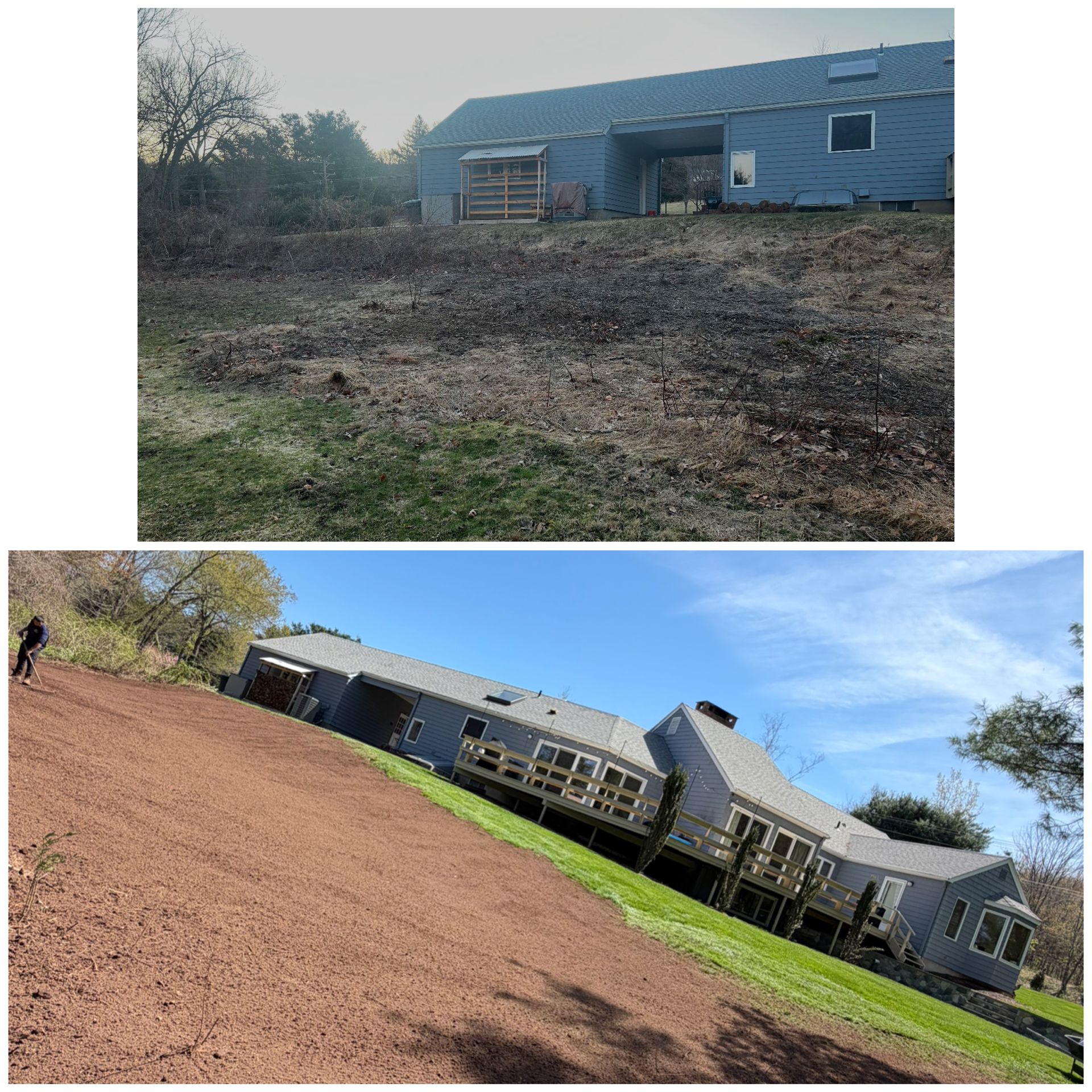 Two views of a gray house on a bare lot, one in winter and one in summer, with a tilted yard and blue sky
