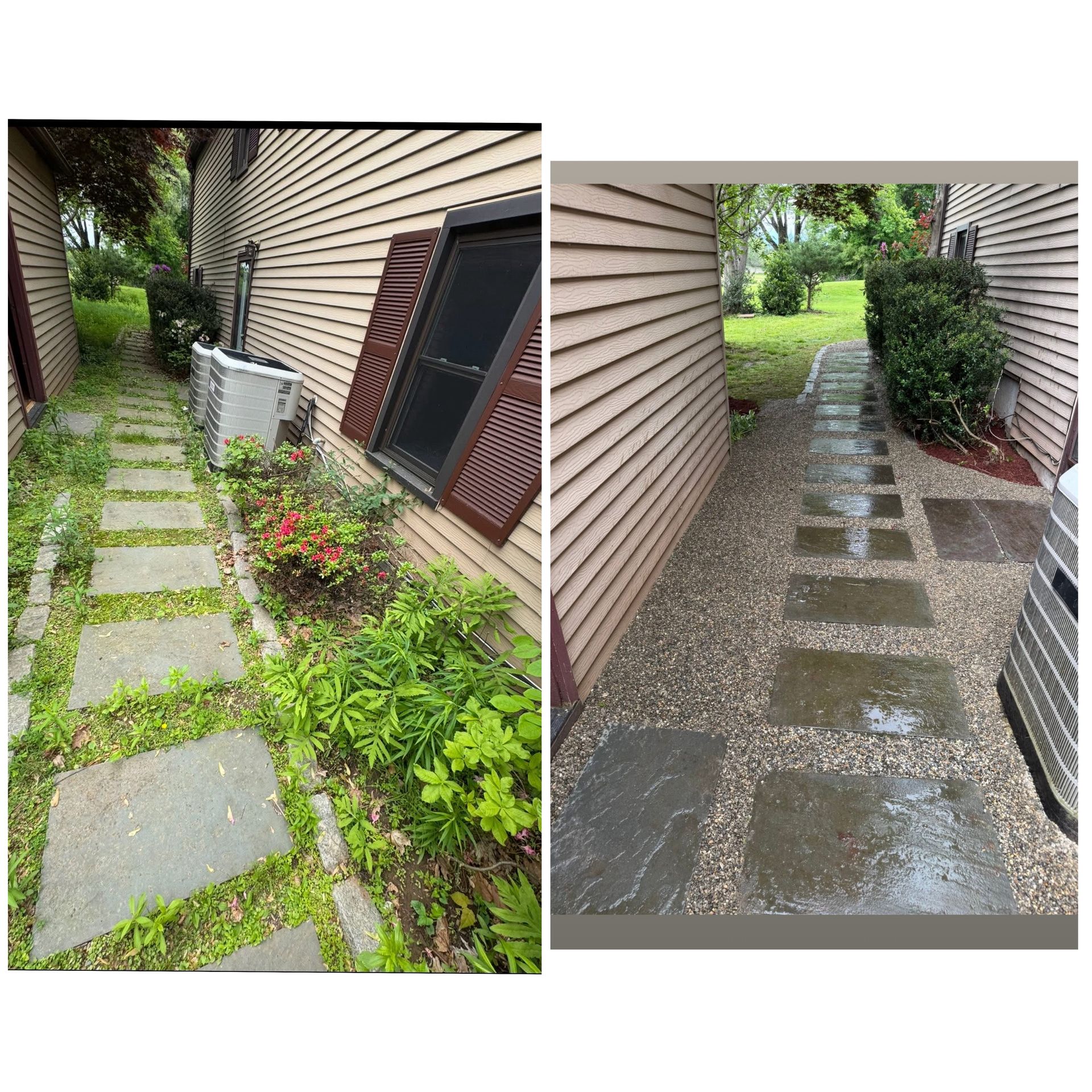 Narrow stone garden walkway beside house siding, with greenery and potted plants on both sides.