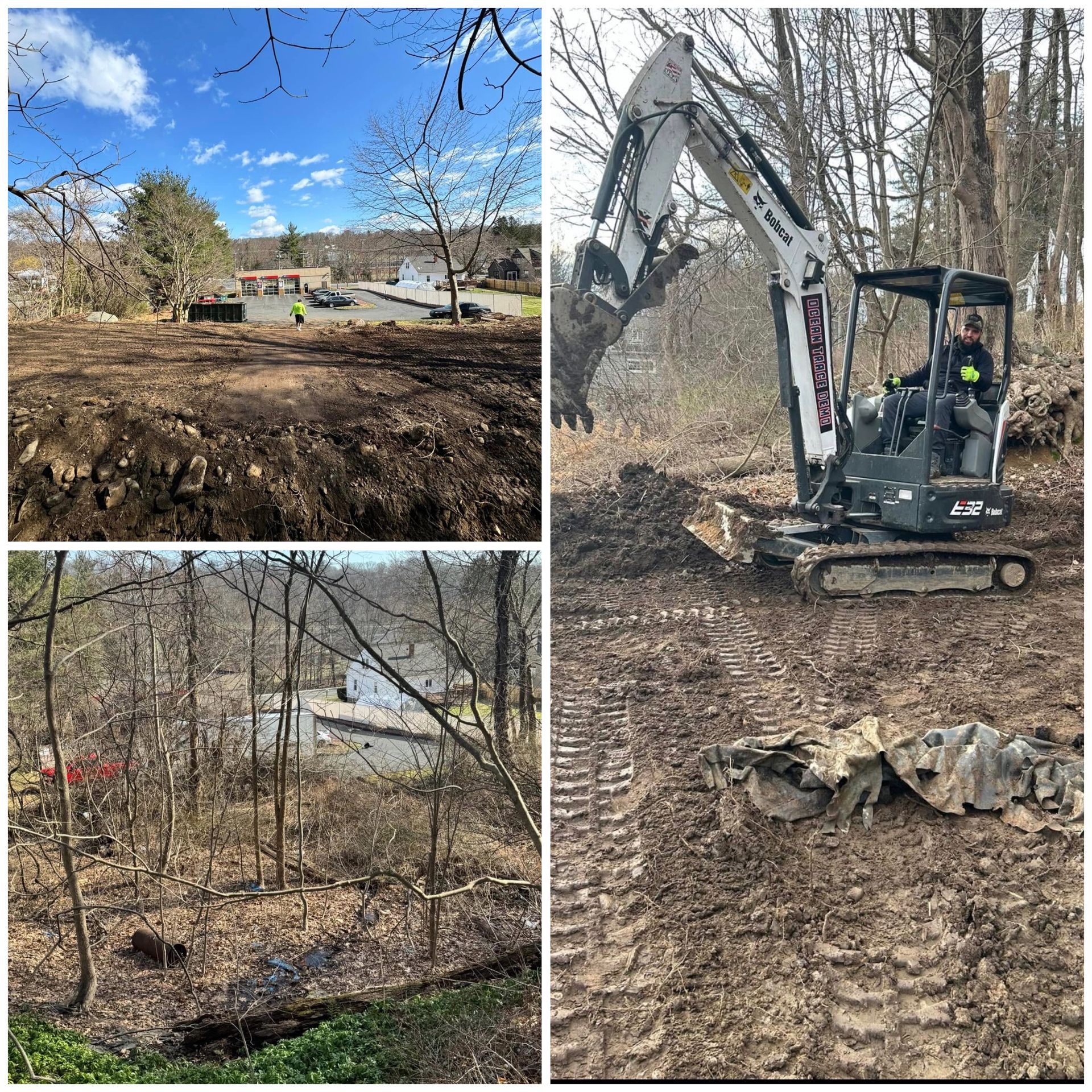 Collage of wooded-site excavation: an excavator clears muddy ground near trees and a building.