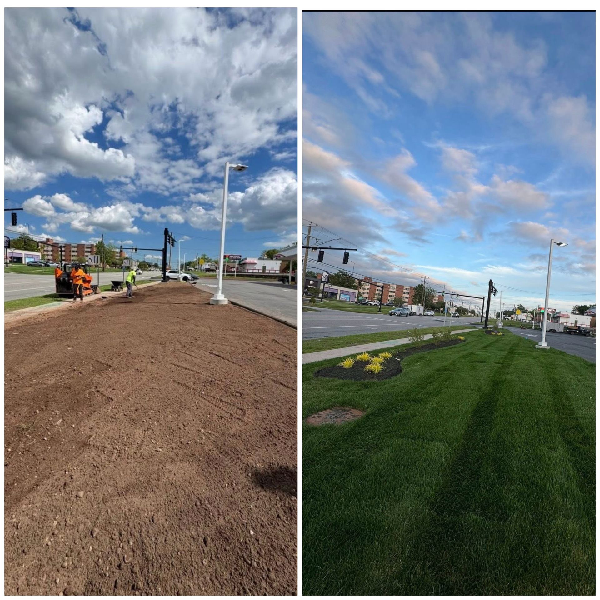 Before-and-after roadside landscaping: brown soil transformed into green grass along a street under cloudy skies