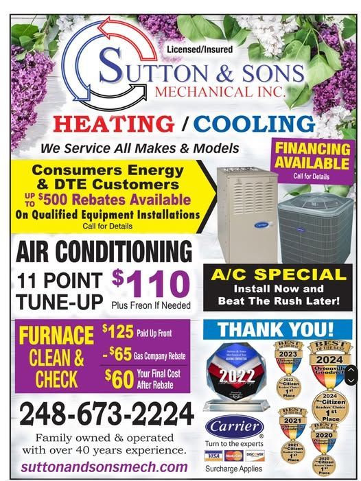 Special Flyer — Waterford Township, MI — Sutton & Son's Mechanical Special Flyer — Waterford Township, MI — Sutton & Son's Mechanical