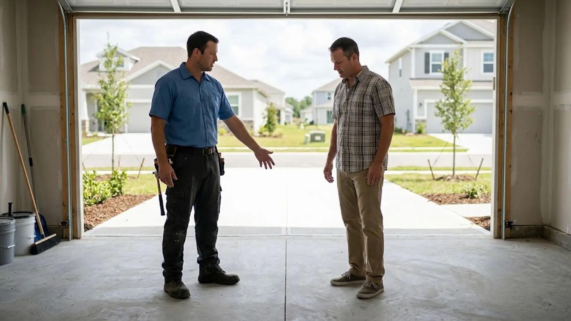 Two men talking in an open garage, one gesturing toward the floor, with a suburban street outside.