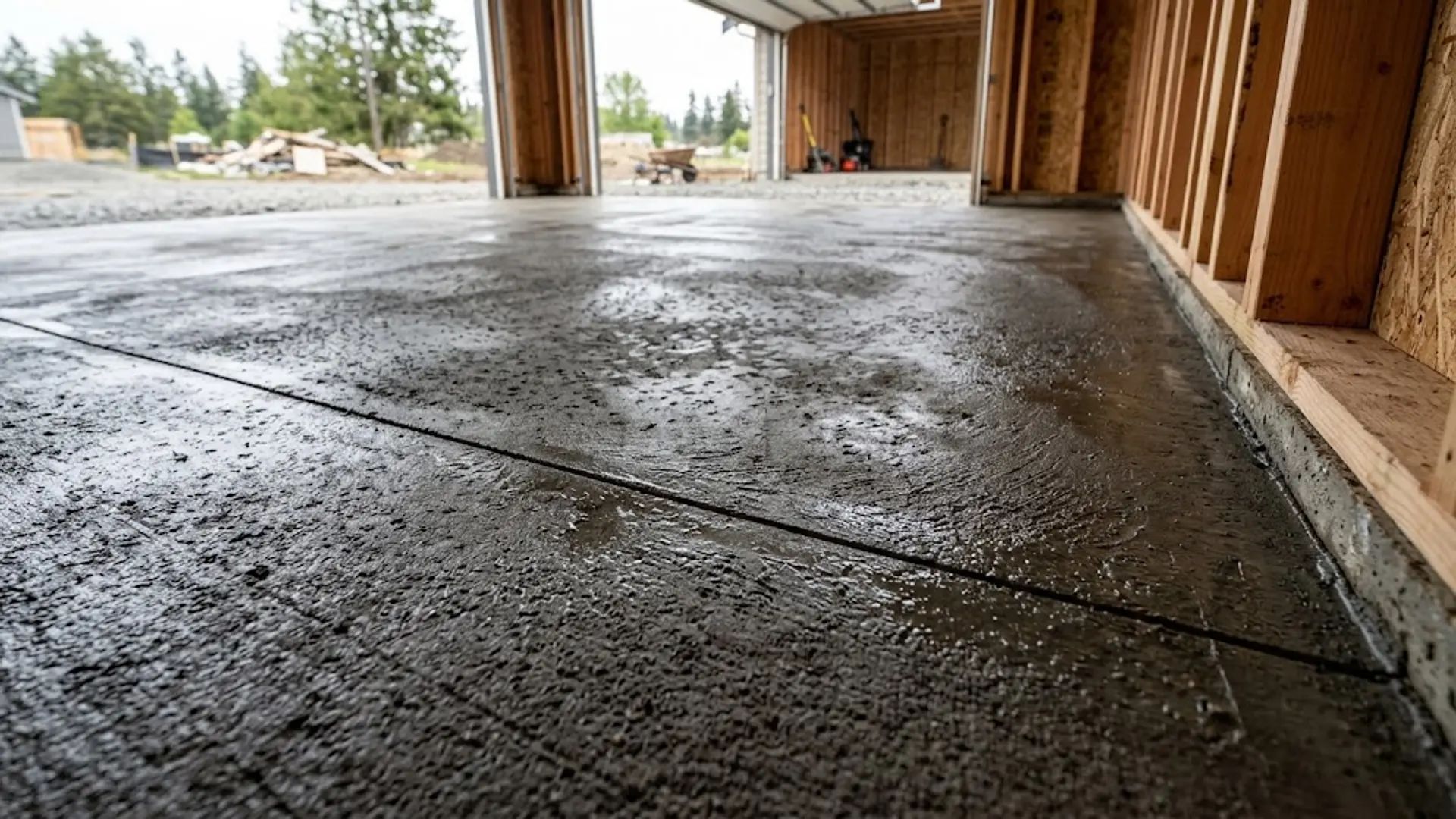 Freshly poured concrete floor inside a wooden structure, with an open view outside