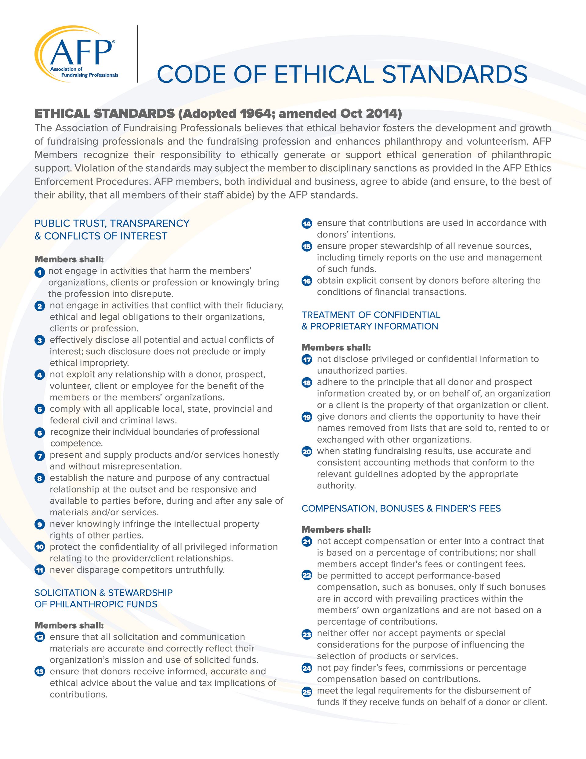 The Association of Fundraising Professionals sets a standard for Ethical treatment of donors - we post it proudly as our standard.