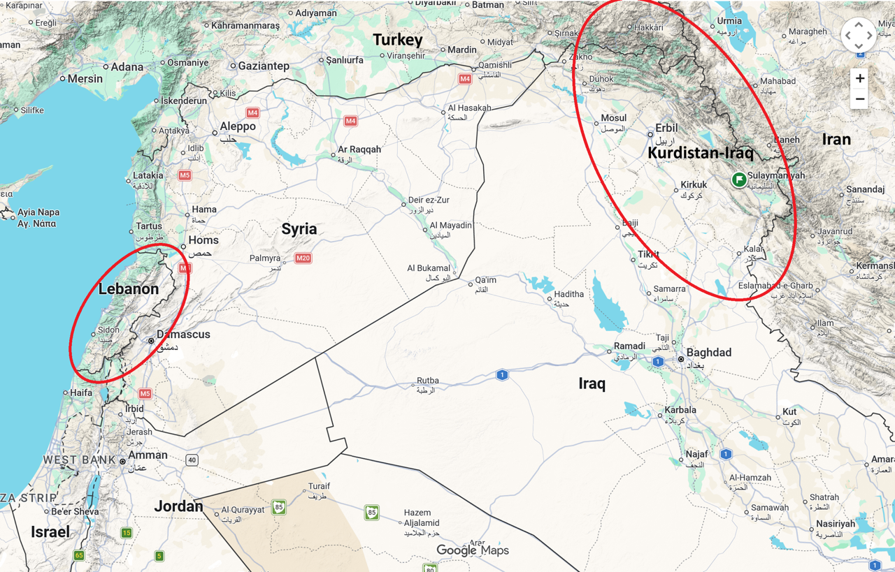 Map of Middle East with Lebanon and Iraq circled.
