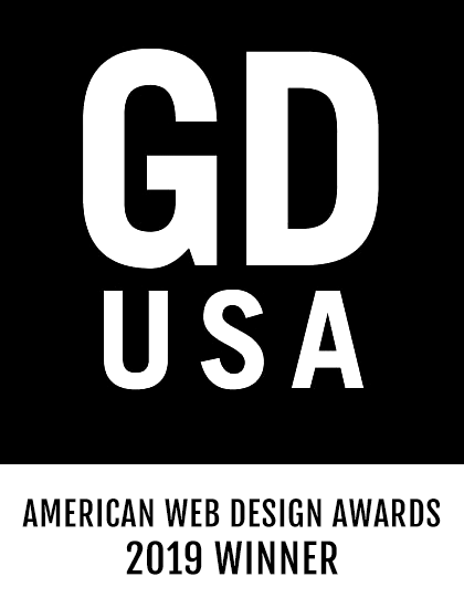 GDUSA American Web Design Awards 2019 Winner badge in white on black.