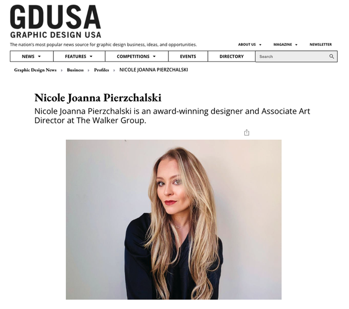 Nicole Joanna Pierzchalski, award-winning designer, smiling for the camera in an article on GDUSA website.