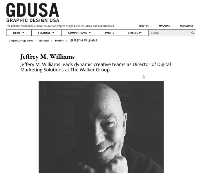 Article about Jeffrey M. Williams, Director of Digital Marketing. Includes a black and white headshot of Williams smiling.